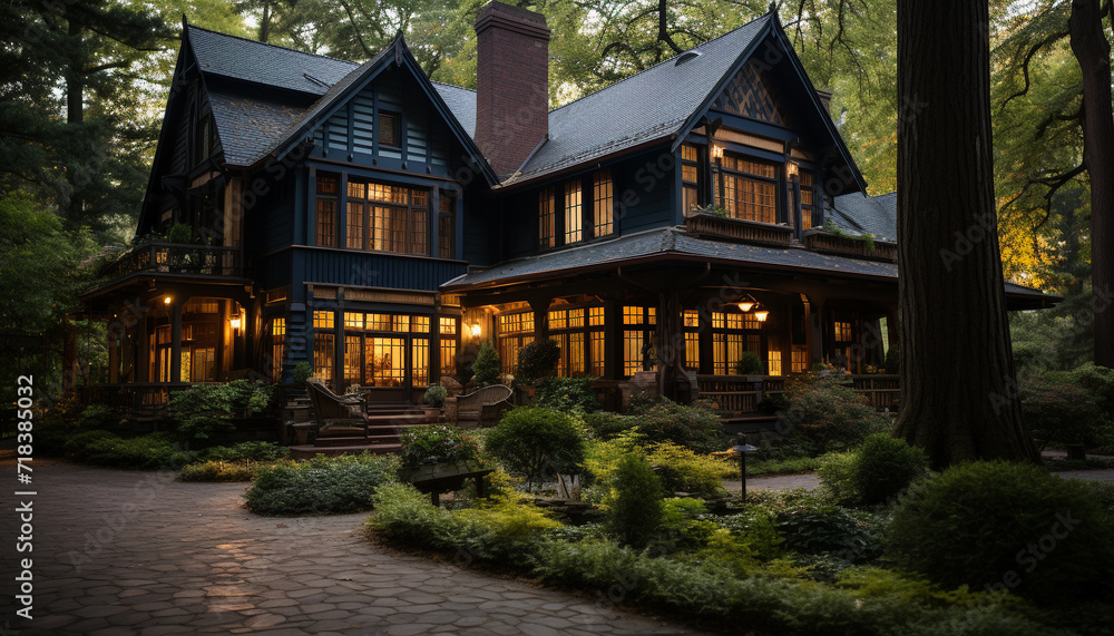 Fototapeta premium A rustic cottage nestled in a dark forest, illuminated by lanterns generated by AI