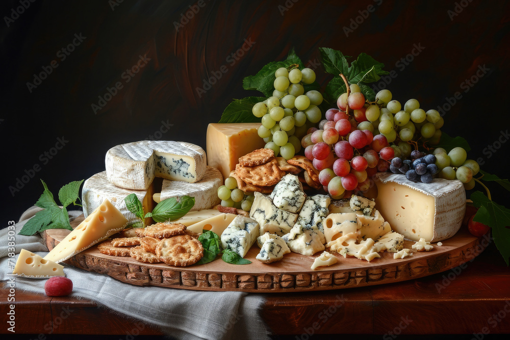 cheese board with grapes on black background