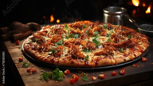  a pizza sitting on top of a pizza pan on top of a wooden cutting board in front of a fire.