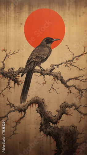 Japanese Ukiyo-e scroll of a raven perched in front of the rising sun on a gnarly branch