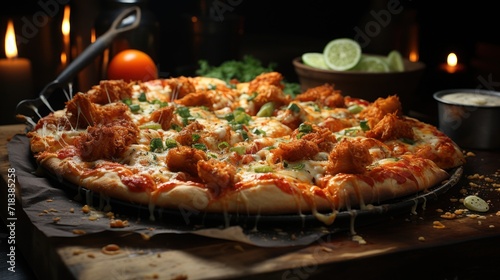  a pizza sitting on top of a table next to a bowl of oranges and a bowl of limes.