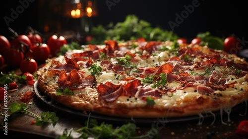  a pizza sitting on top of a pizza pan covered in cheese and toppings on top of a wooden table.