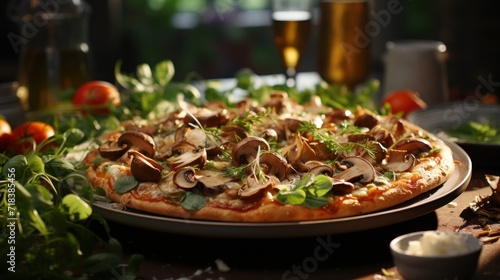  a close up of a pizza on a plate on a table with other food items and a glass of beer in the background.