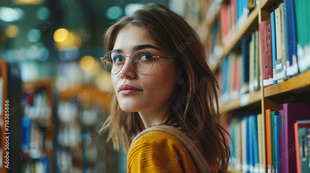 Caucasian female student stands in university library, looking for a book. Beautiful young woman in eyeglasses searching information for a project, learning for passing exams, education concept 