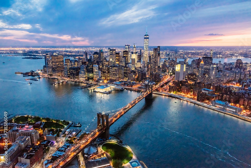 Aerial view of Brooklyn bridge and Manhattan at twilight, New York city, USA photo