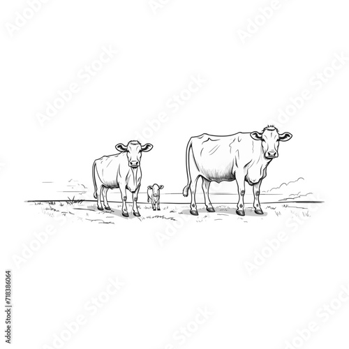 Ground Line Drawing of Cows - Farm Life Art