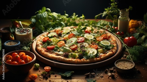  a pizza sitting on top of a wooden table next to a bowl of tomatoes, cucumbers, and lettuce.