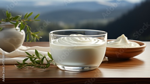 a glass of yogurt next to a bowl of yogurt on a table with a mountain in the background.