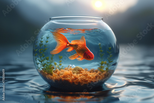 Goldfish closed in a glass vial with the sea around it. Generative AI