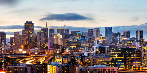 Panoramic of downtown skyline illuminated at dusk, San Francisco, California, USA photo