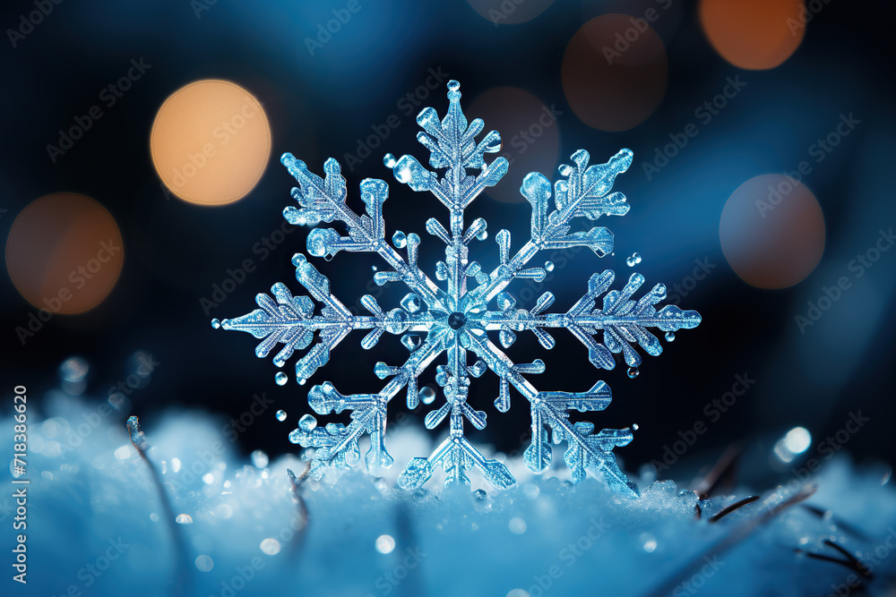 Beautiful crystal snowflake on the snow. Winter background. Generated by artificial intelligence Beautiful crystal snowflake on the snow. Winter background. Generated by artificial intelligence