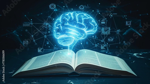 Glowing virtual brain floats above an open book with leaning icons on dark background which is a symbol of study a knowledge will help solve problem and solution concept. 