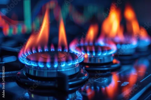 Natural gas stove burning. Cost growth stock charts background concept photo