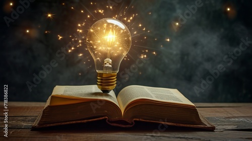 Light bulb and opened vintage book style vintage with brain icon dark background,The idea of reading books, knowledge, and searching for new ideas,book bible.Concept photo