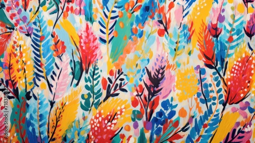  a close up of a multicolored fabric with a pattern of flowers and leaves on a white background with red, blue, yellow, green, pink, orange, and blue colors. © Olga