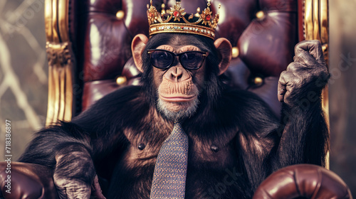 Funny monkey crown. Chimpanzee wearing tie with crown and sunglasses sitting throne. AI Generative photo