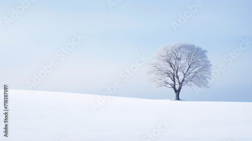 Solitary tree in a vast, snow-covered landscape during the early morning, conveying a tranquil and contemplative emotion, blue-grey tone for a modern, minimalist look