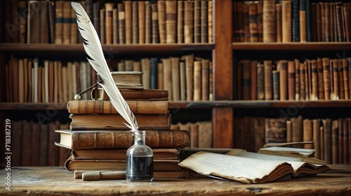 Old quill pen with an inkwell, papers and books on a table against an old bookshelf. Concept on the theme of history, education, literature. Retro style  photo