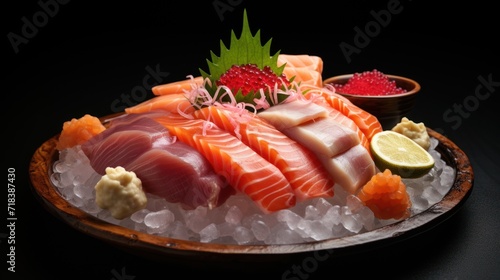  a platter of assorted sashimi and sushi on ice with garnishes on the side.