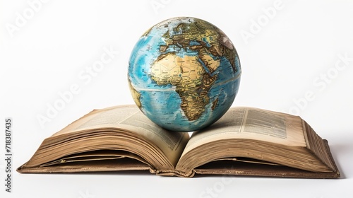 world book day, 23th April, open book over the Planet on isolated white background, Mental Health Day concept, books pile and globe,World literature concept, Knowledge information, earth day concept photo