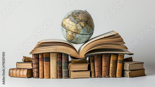 world book day, 23th April, open book over the Planet on isolated white background, Mental Health Day concept, books pile and globe,World literature concept, Knowledge information, earth day concept photo