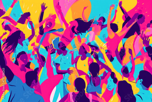 Design a vibrant and energetic illustration of a lively music festival, with people dancing, singing, and enjoying the rhythm of the music © mila103