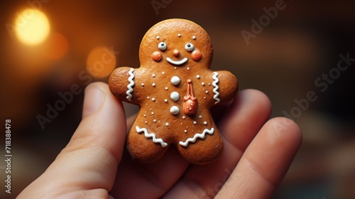  a close up of a person's hand holding a small gingerbread with icing and white sprinkles.