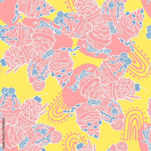 Tasty sweet cupcake dessert decorative seamless pattern for textile design, fabric print, digital or wrapping paper, wallpaper, background and backdrop, bakery shop decoration, cafe, restaurant menu.