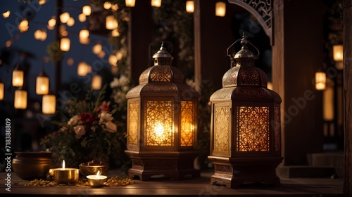 Ramadan Kareem background with mosque and moon. generative Ai 