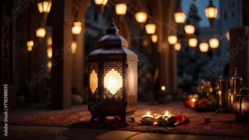Islamic holiday banner in monotone design. Ramadan night. Cute mosque and lantern displayed on stages with glowing light in the evening. 3d illustration, ai © AY AGENCY