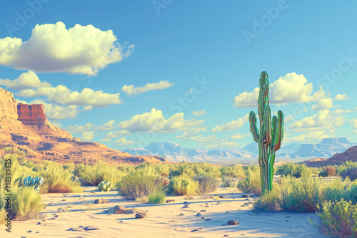 Generate a relief of a desert with a cactus in the foreground photo
