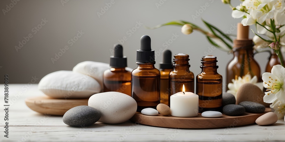Clean spa setup with massage stones and aromatic oils. Clean spa setup with massage stones and aromatic oils.