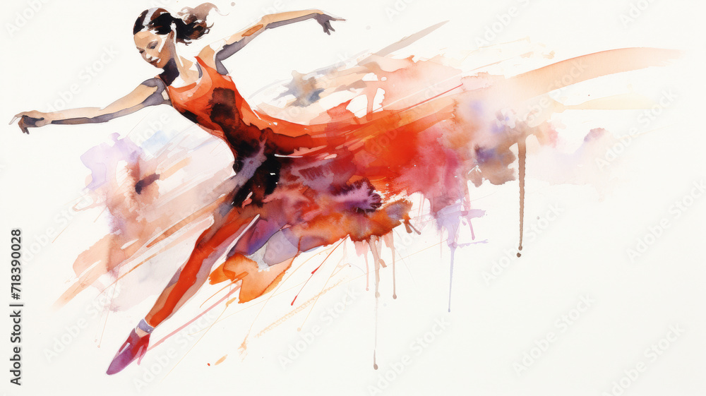 Naklejka premium Grace in Motion: A dancer in mid-leap, her vibrant orange dress embodying freedom and elegance..