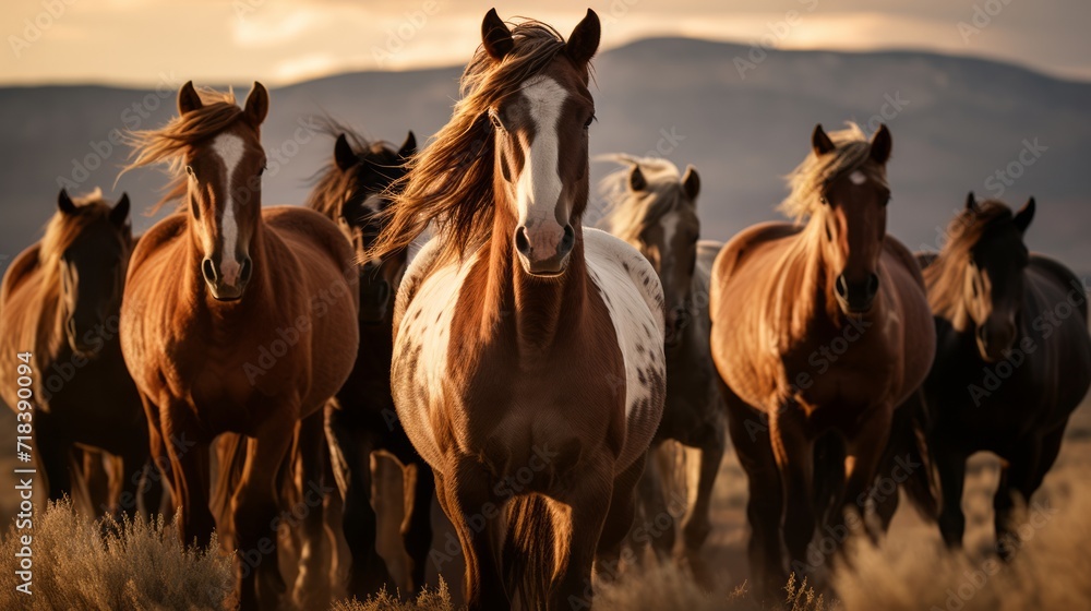 Horses free run on desert storm against sunset sky. Neural network AI generated art Horses free run on desert storm against sunset sky. Neural network AI generated art