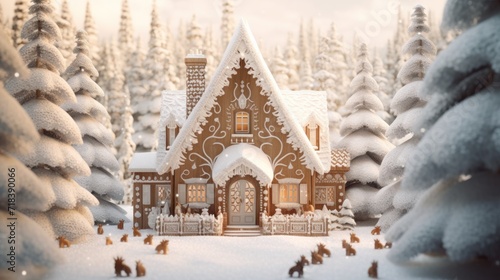  a christmas scene with a gingerbread house in the middle of a snow - covered forest with people walking in front of it.
