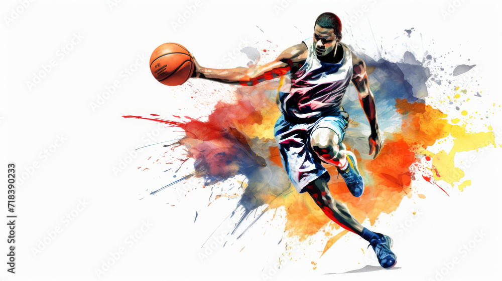 Artistic image of a basketball player mid-dribble, showing their skill and energy. The white background and the orange and brown splashes of paint create a contrast of drive and artistry Artistic image of a basketball player mid-dribble, showing their skill and energy. The white background and the orange and brown splashes of paint create a contrast of drive and artistry