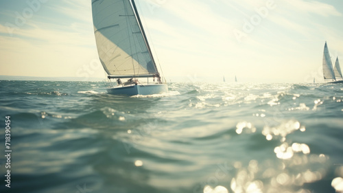 Golden Hour Sailing: A yacht cuts through serene waters, basking in the warm, golden embrace of the setting su © David
