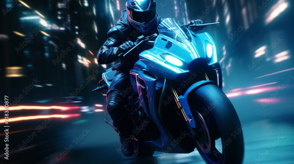 Motorcycle racing in future neon city. Neural network AI generated art Motorcycle racing in future neon city. Neural network AI generated art