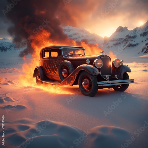  An old luxury car is on fire in a winter, snowy landscape © drris66