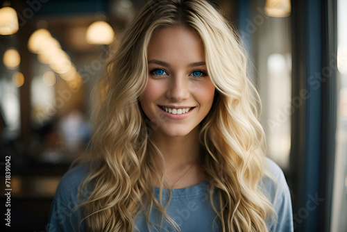 Portrait of a beautiful young girl with curly hair and big blue eyes and a beautiful smile