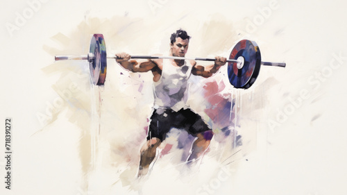 Strength and Determination: Colourful, abstract image of an individual lifting weights, showing their power and resolve. Artwork uses splashes and strokes of paint to create a dynamic and energetic.