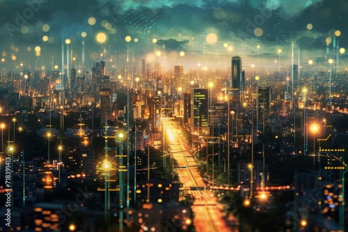 Digital city seamlessly integrated with high-speed information and a power grid, showcasing the harmony of urban and rural areas in a digital network generative ai