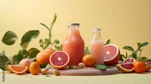  a group of grapefruits, oranges, and a bottle of juice sit on a cutting board.