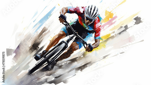 Cyclist in Motion: An artistic image of a cyclist in a blue and red outfit, riding a black bicycle against an abstract background. The image conveys the energy and speed of the ride, blending realism  photo
