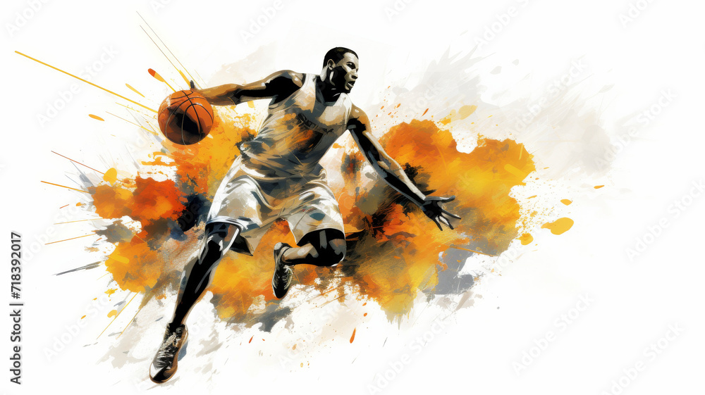 Fototapeta premium Artistic image of a basketball player mid-dribble, showing their skill and energy. The white background and the orange and brown splashes of paint create a contrast of drive and artistry