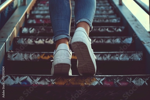 Girl ascending city stairs showcasing close up generative ai