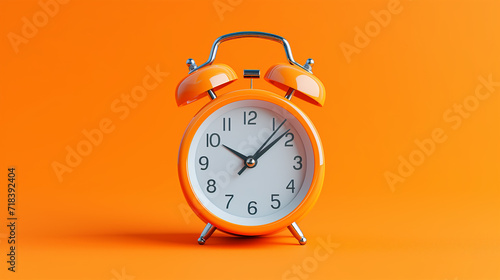 Orange clean mechanical alarm clock on plain color background. Twin bell table alarm clock; moving hammer and metal case to wake up in the morning. Product showcase, minimalist graphic design object 
