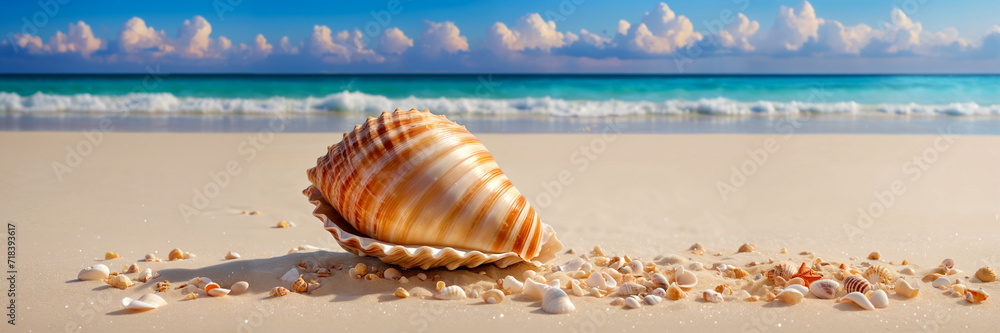A large seashell on the beach with a calm wave creating a picturesque ocean scene under blue sky A large seashell on the beach with a calm wave creating a picturesque ocean scene under blue sky