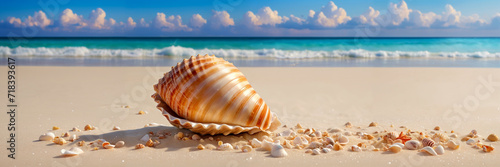 A large seashell on the beach with a calm wave creating a picturesque ocean scene under blue sky