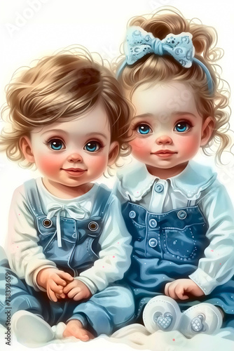Cute little girl and boy in blue clothes on white background.